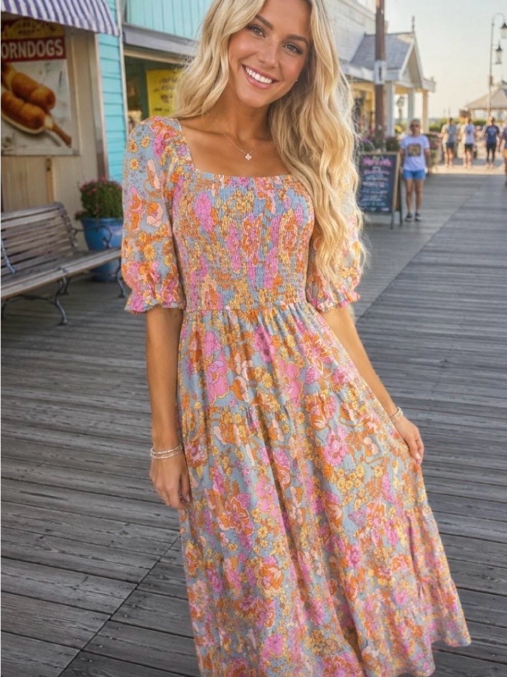 Zesica Smocked Puff-Sleeve Floral Maxi Dress in Pink, Orange & Blue-Gray Large